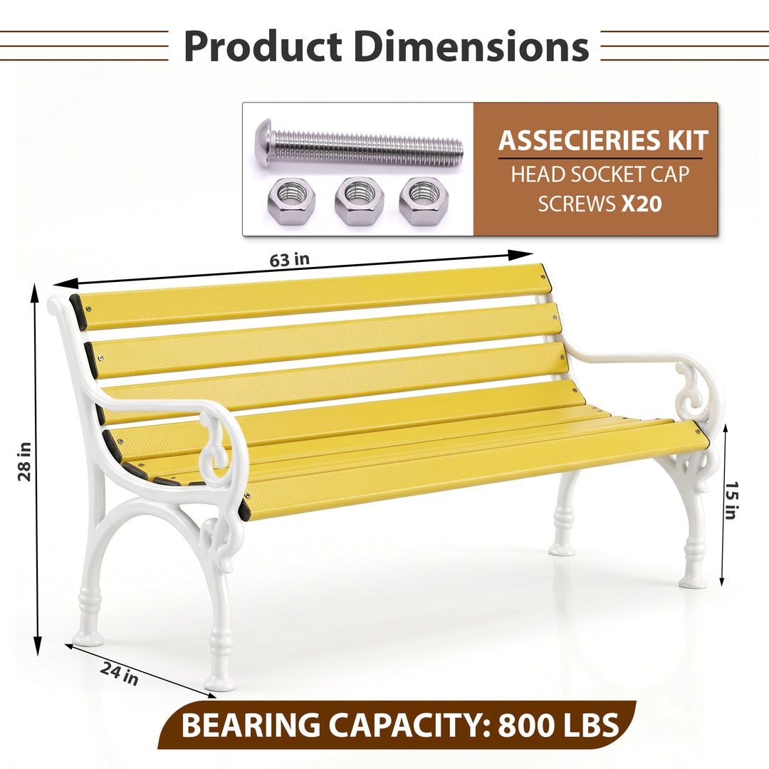 Trefor Cast Iron 3 Seater FRP Garden Bench for Outdoor Park - (White + Yellow)