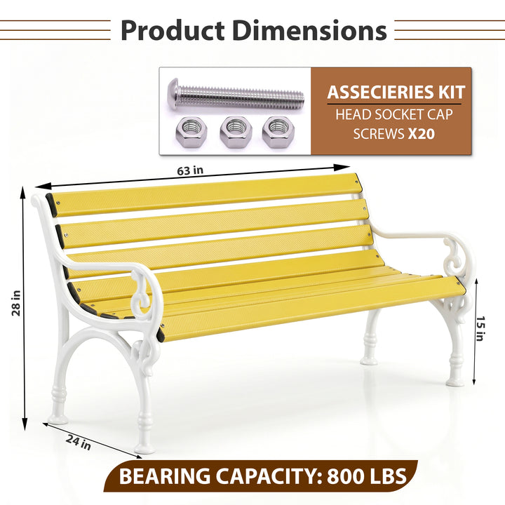 Trefor Cast Iron 3 Seater FRP Garden Bench for Outdoor Park - (White + Yellow)