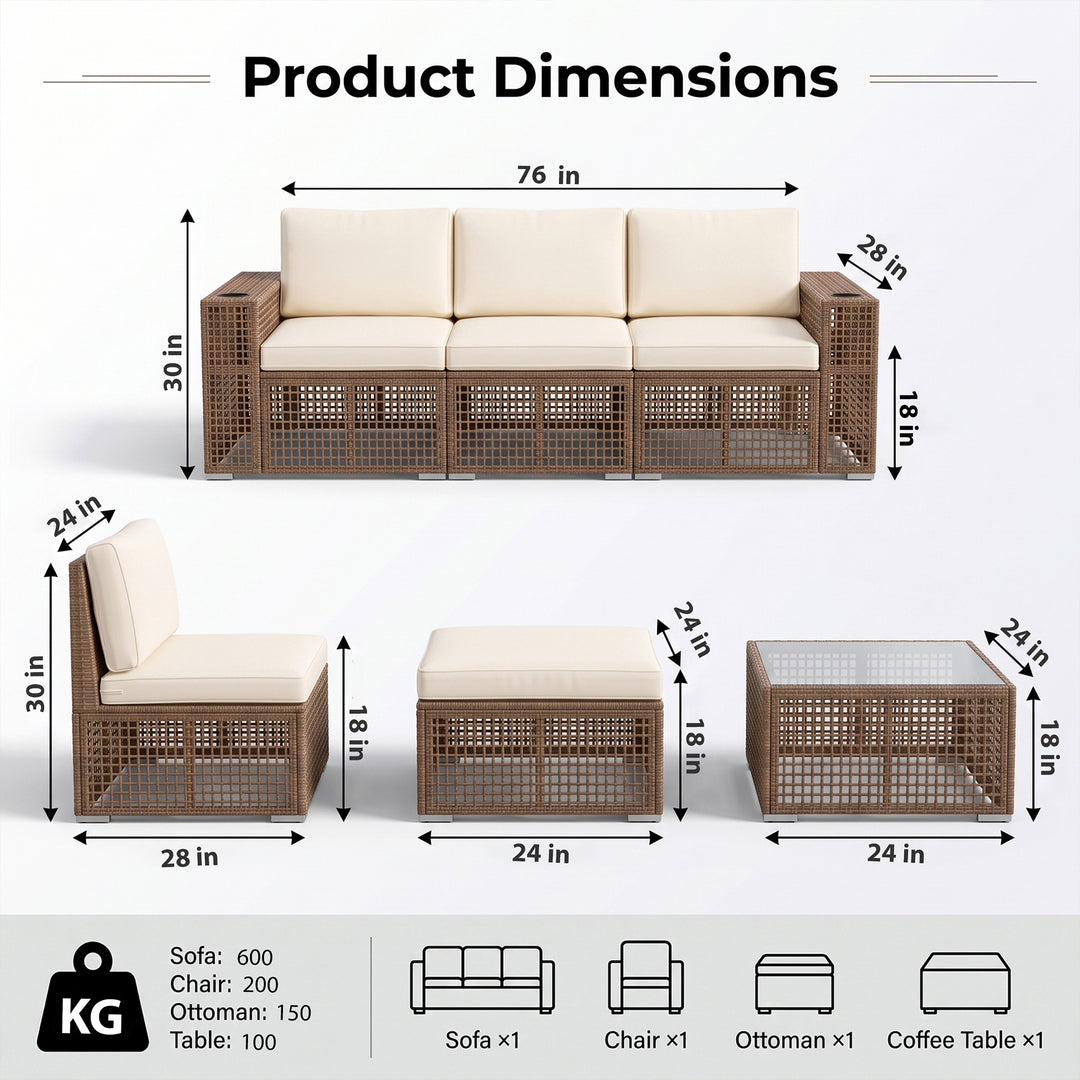 Nista Outdoor Patio Sofa Set 3 Seater 1 single seater and 1 Table With 1 Ottoman Set (Brown)