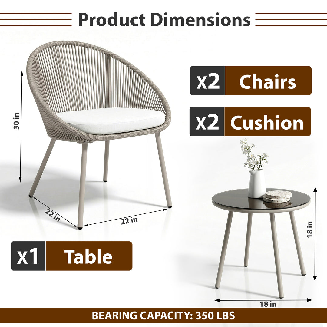 Soma Outdoor Patio Seating Set 2 Chairs and 1 Table Set (Grey) Braided & Rope