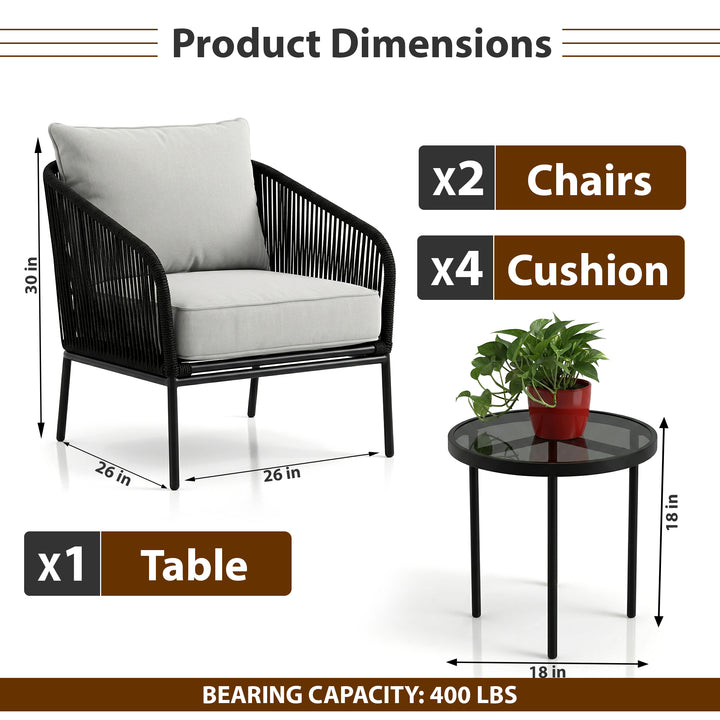Alwin Outdoor Patio Seating Set 2 Chairs and 1 Table Set (Black) Braided And Rope