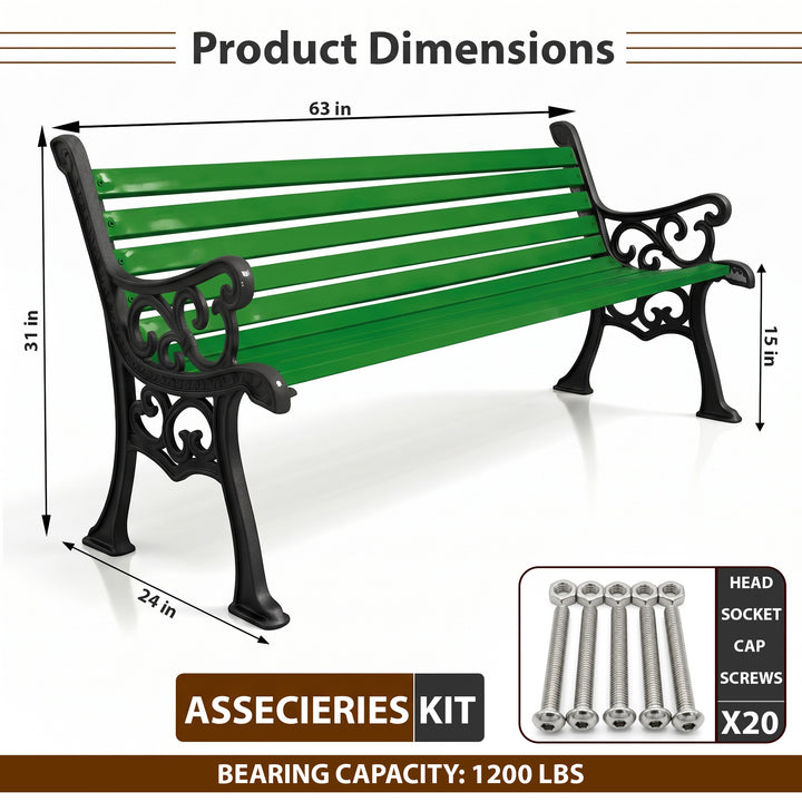 Terra Cast Iron 3 Seater Garden Bench for Outdoor Park - (Black+Green)