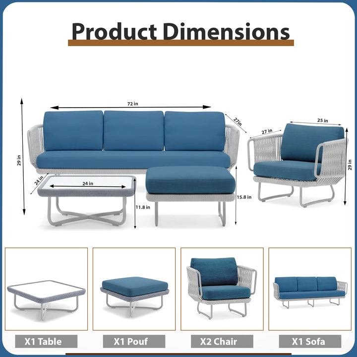 Astoir Outdoor Garden Balcony Sofa Set 3 Seater , 2 Single Seater and 1 Center Table Set Braid & Rope (Grey)
