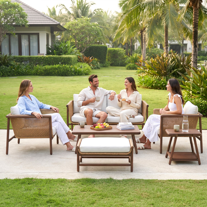Zamioma Outdoor Garden Balcony Sofa Set 2 Seater, 2 Single seater, 1 Ottoman, 1 Coffee Table and 1 Side Table Conversation Set (Honey)