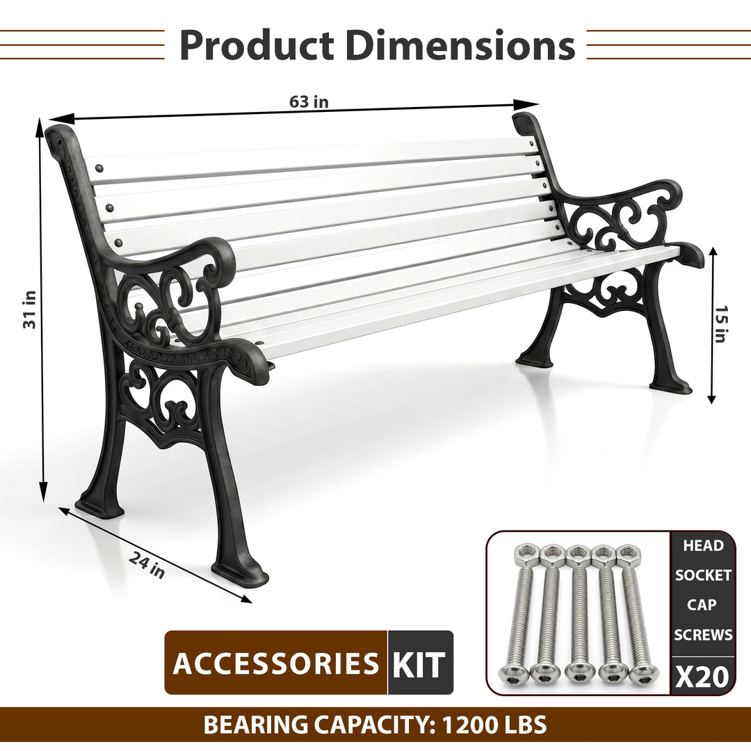 Valor Cast Iron 3 Seater Garden Bench for Outdoor Park - (Black + White)