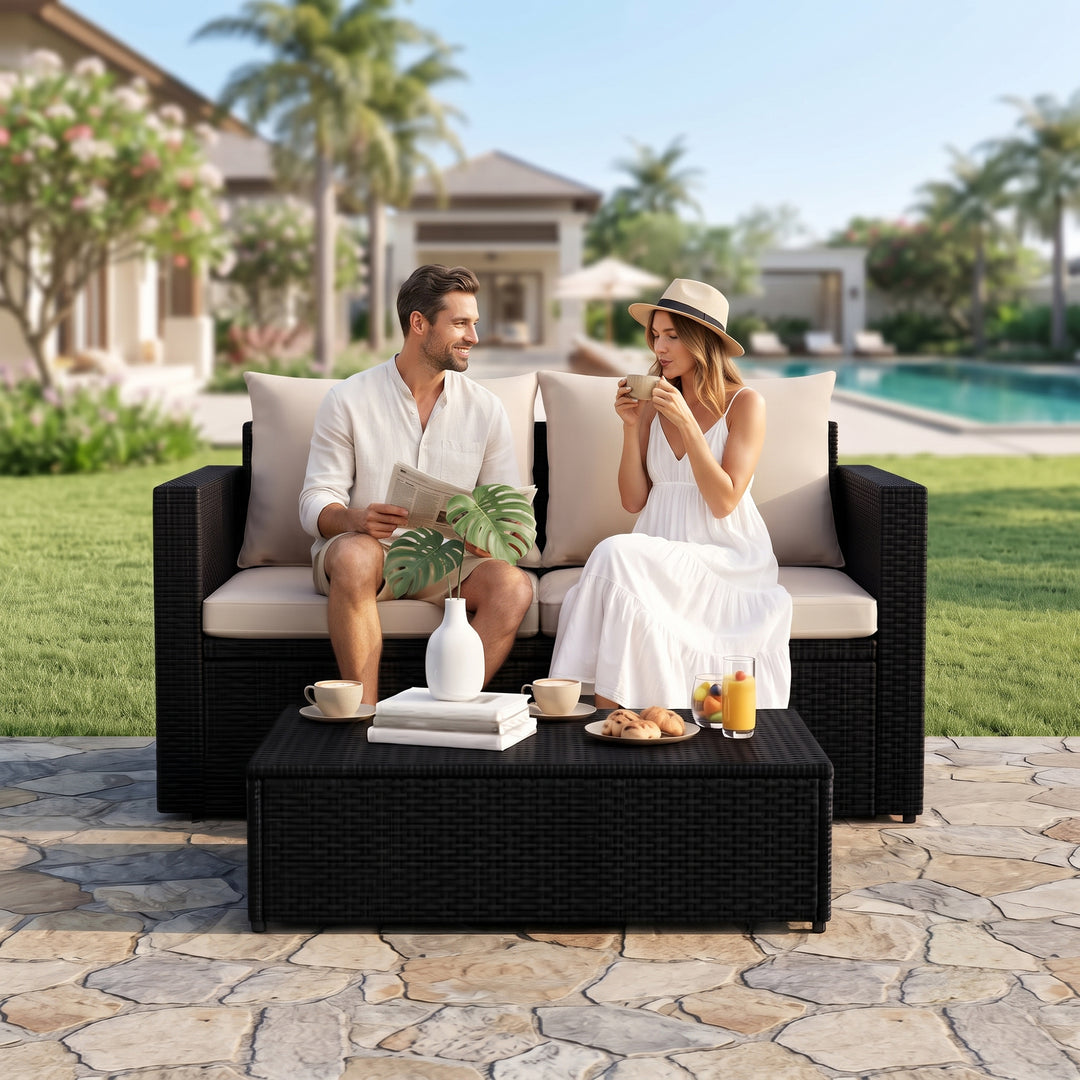 Girolamo Outdoor Sofa Set 2 Seater and 1 Center Table (Black + Beige)
