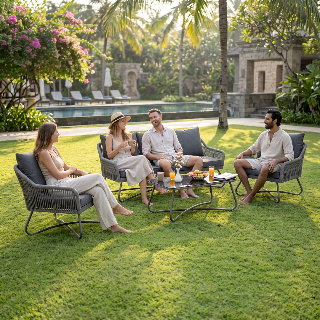 Kismet Outdoor Sofa Set 3 Seater, 2 Single seater and 1 Center Table (Grey) Braided & Rope