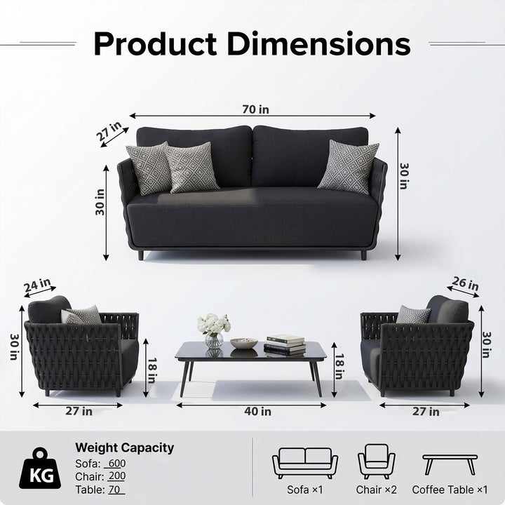 Vanyr Outdoor Garden Balcony Sofa Set 2 Seater , 2 Single Seater 1 Center Table Set (Black) Braided and Rope