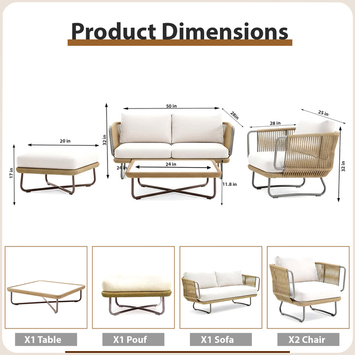 Elix Outdoor Sofa Set 2 Seater, 2 Single seater and 1 Center Table with ottoman (Beige) Braided & Rope