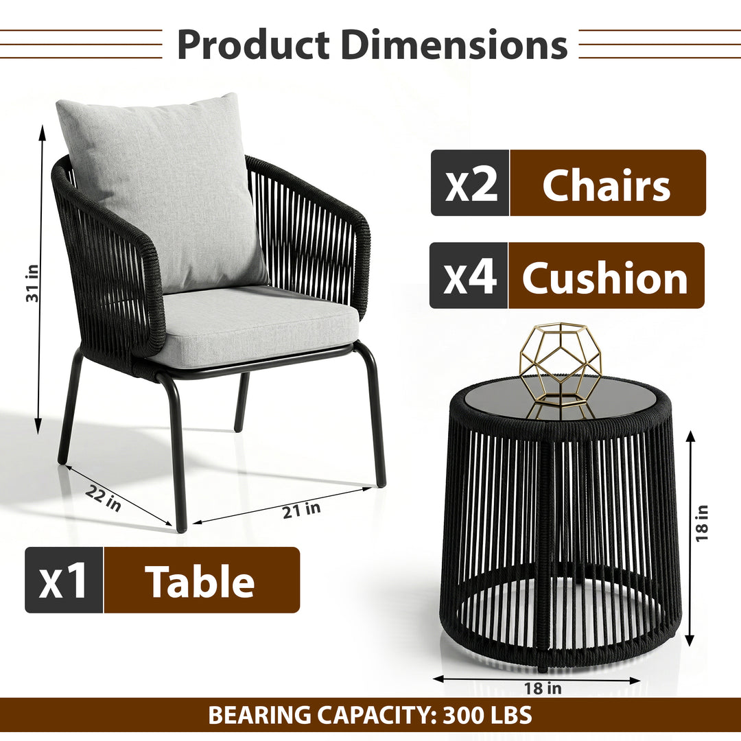 Luigi Outdoor Patio Seating Set 2 Chairs and 1 Table Set (Black) Braided & Rope