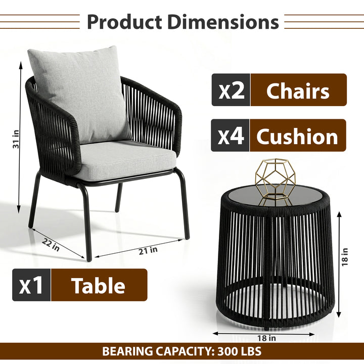 Luigi Outdoor Patio Seating Set 2 Chairs and 1 Table Set (Black) Braided & Rope