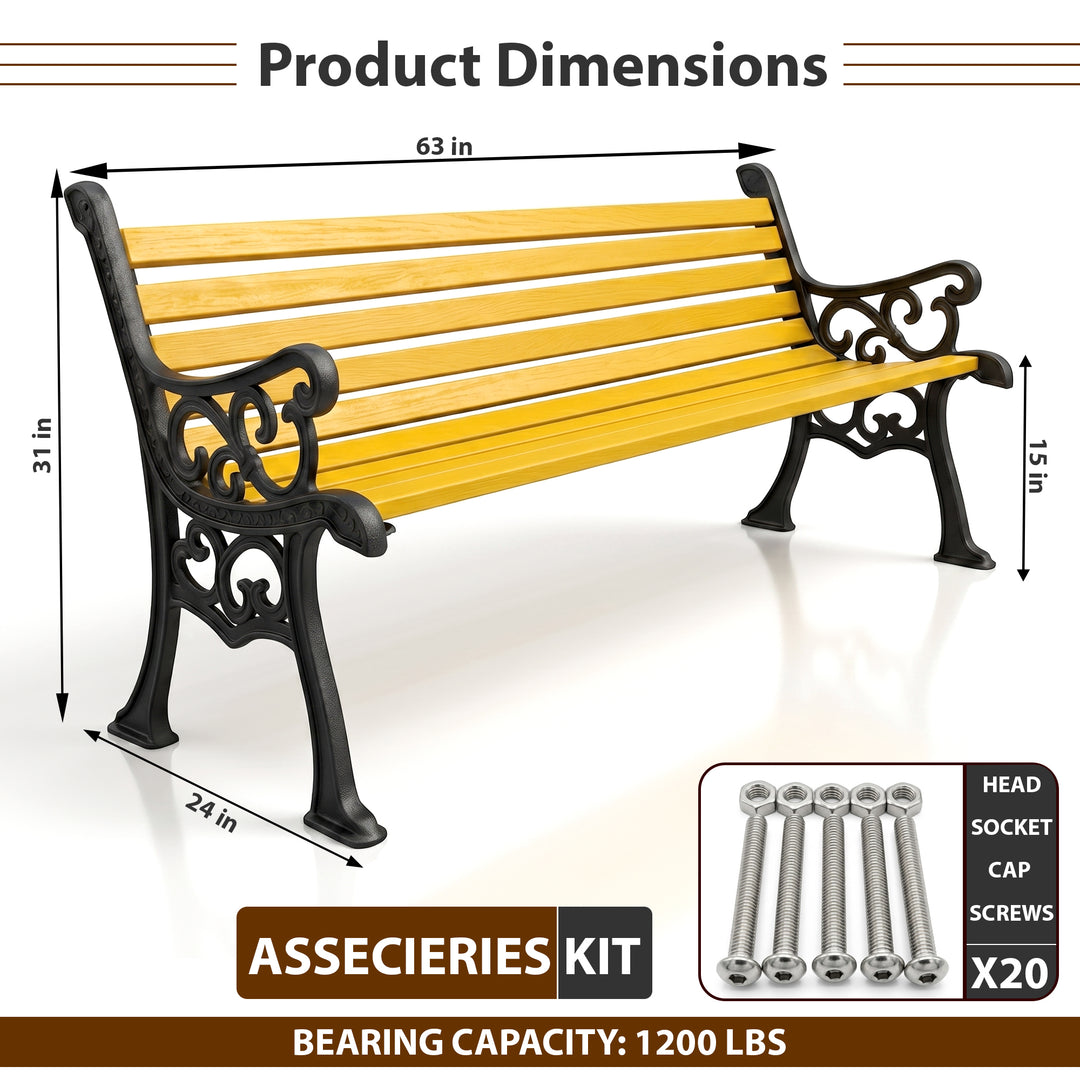 Strive Cast Iron 3 Seater Garden Bench for Outdoor Park - (Black + Yellow)