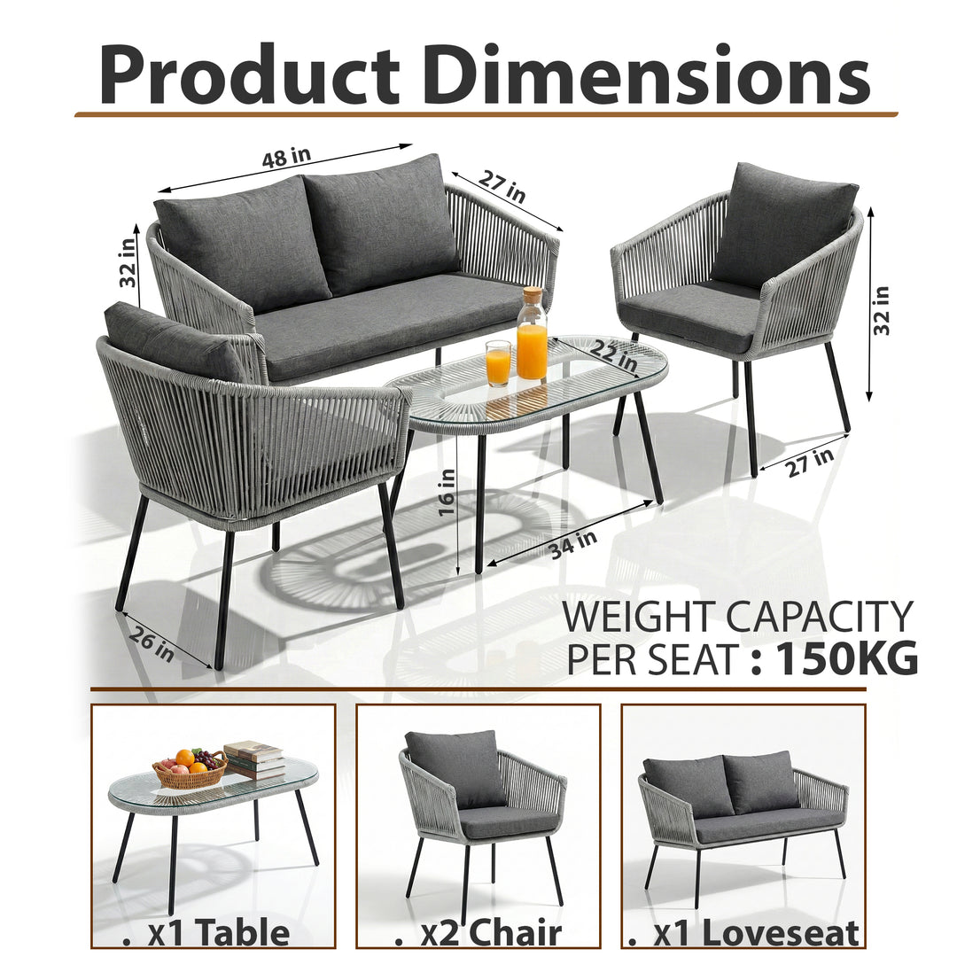 Jara Outdoor Garden Balcony Sofa Set 2 Seater , 2 Single Seater 1 Center Table Set (Grey) Braided and Rope