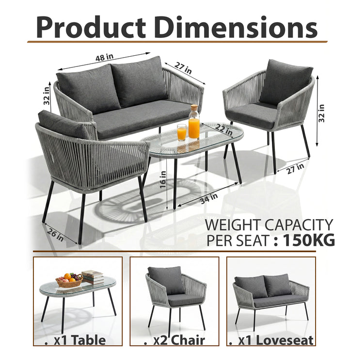 Jara Outdoor Garden Balcony Sofa Set 2 Seater , 2 Single Seater 1 Center Table Set (Grey) Braided and Rope