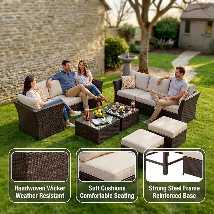 Enorson Outdoor Garden Balcony Sofa Set 2 Three Seater, 2 Single Seater With 2 Ottoman and 2 Center Table Set (Brown)