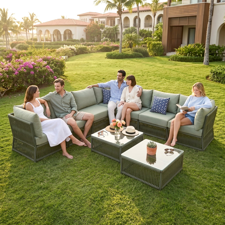 Deifilia Outdoor Sofa Set 7 Seater and 2 Center Table Set (Green) Braided & Rope