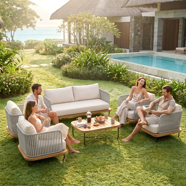Logema Outdoor Garden Balcony Sofa Set 2 Seater,4 Single Seater With 1 Table Set, Braid & Rope (Grey)