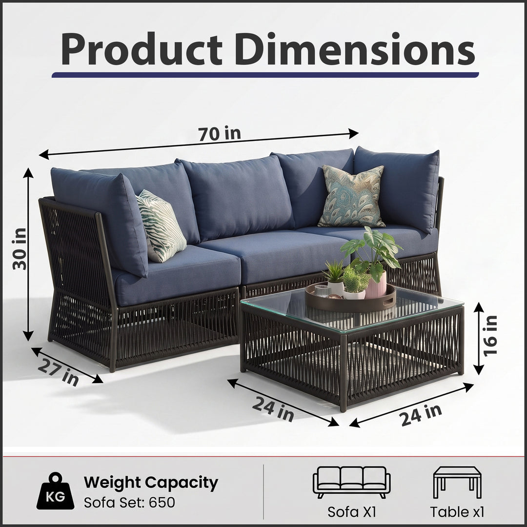 Adán Outdoor Sofa Set 3 Seater and 1 Center Table Set Braided & Rope