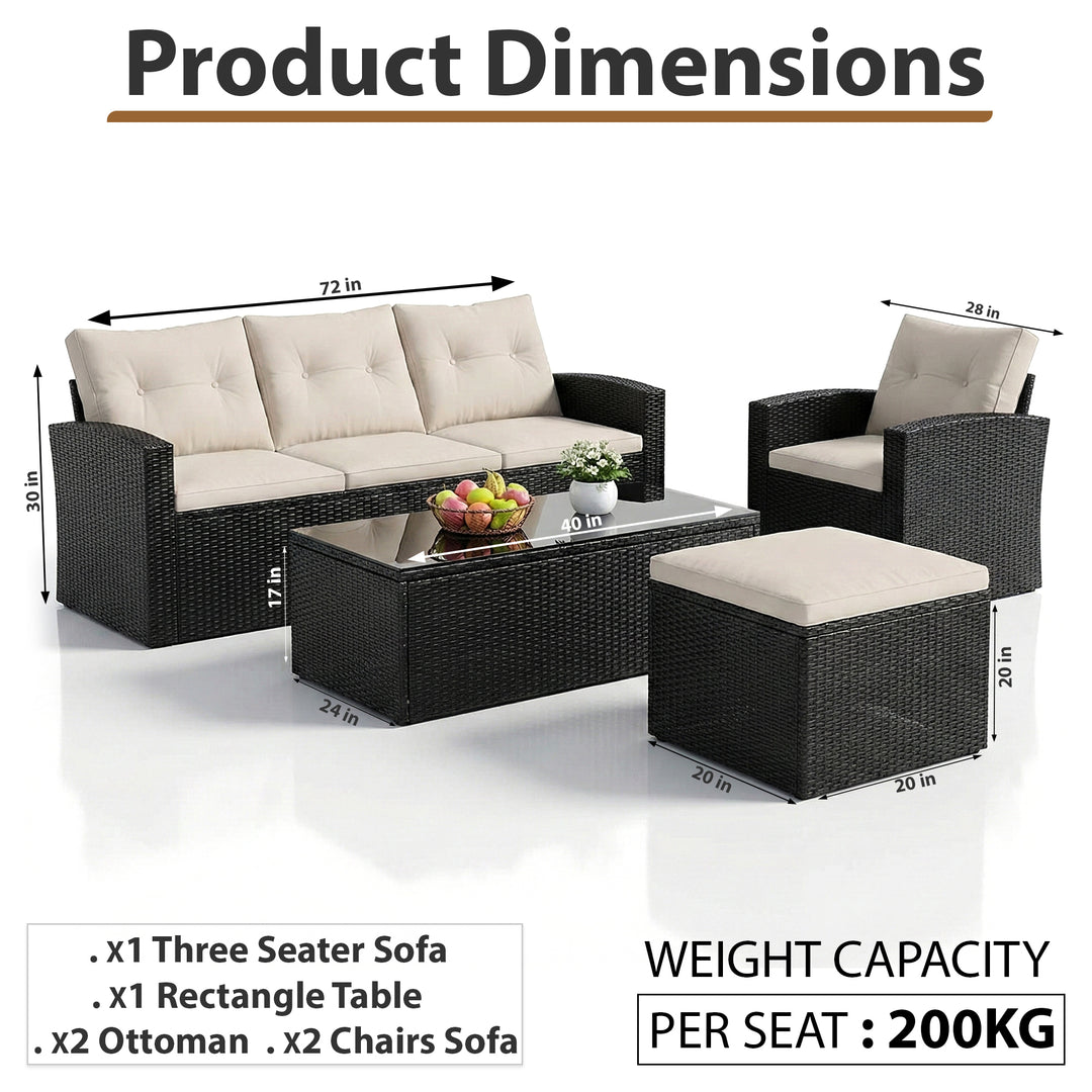 Vibo Outdoor Garden Balcony Sofa Set 3 Seater, 2 Single seater, 2 Ottoman and 1 Center Table Conversation Set (Black)