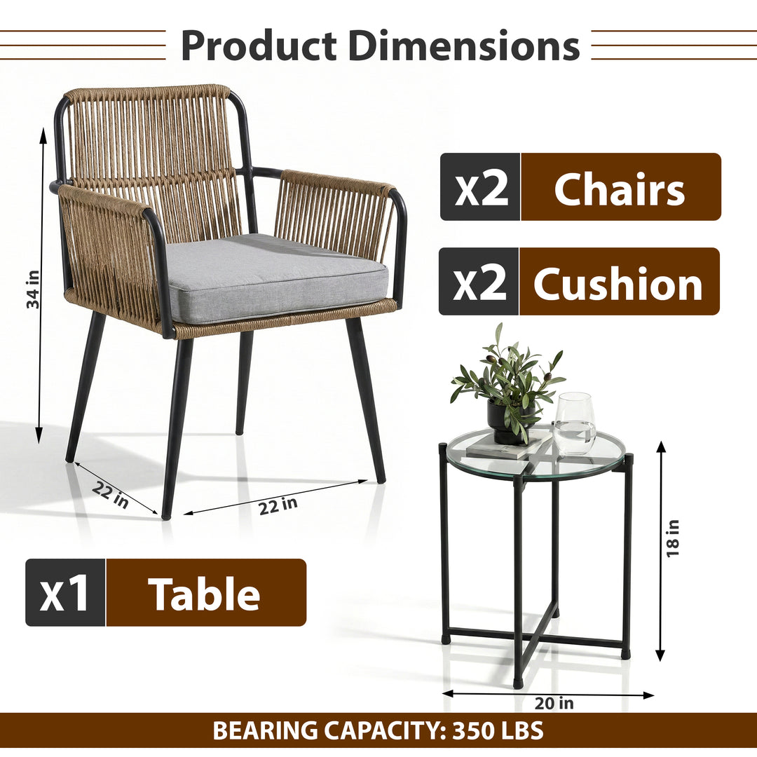 Susten Outdoor Patio Seating Set 2 Chairs and 1 Table Set (Tan) Braided & Rope