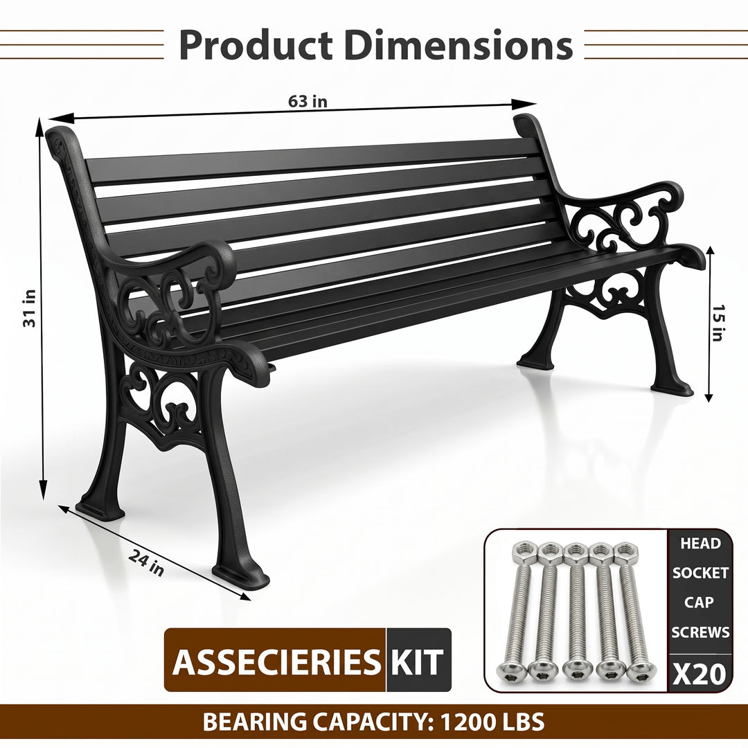 Lisa Cast Iron 3 Seater Garden Bench for Outdoor Park - (Black)
