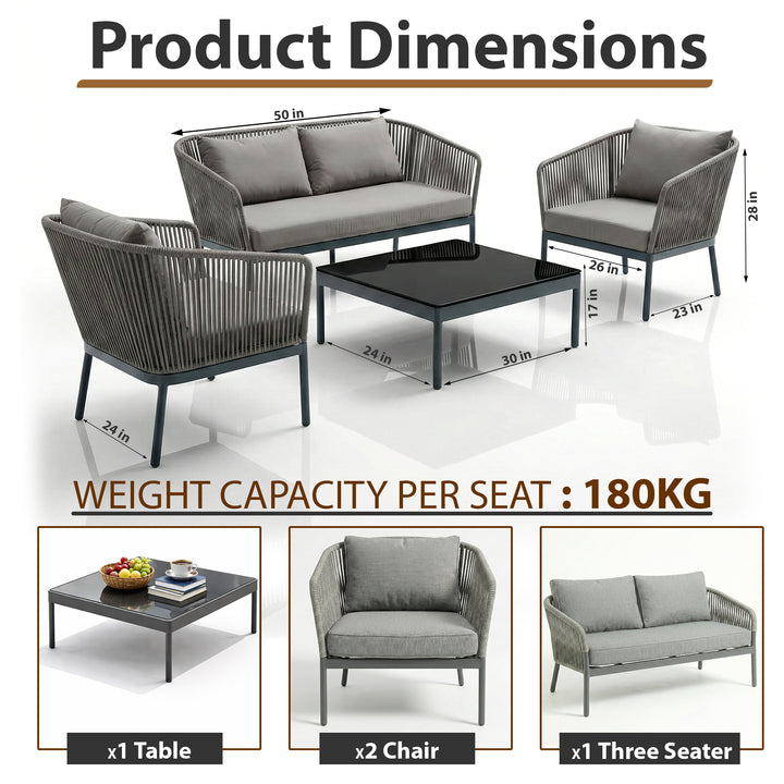 Athan Outdoor Garden Balcony Sofa Set 2 Seater , 2 Single Seater 1 Center Table Set (Dark Grey) Braided and Rope
