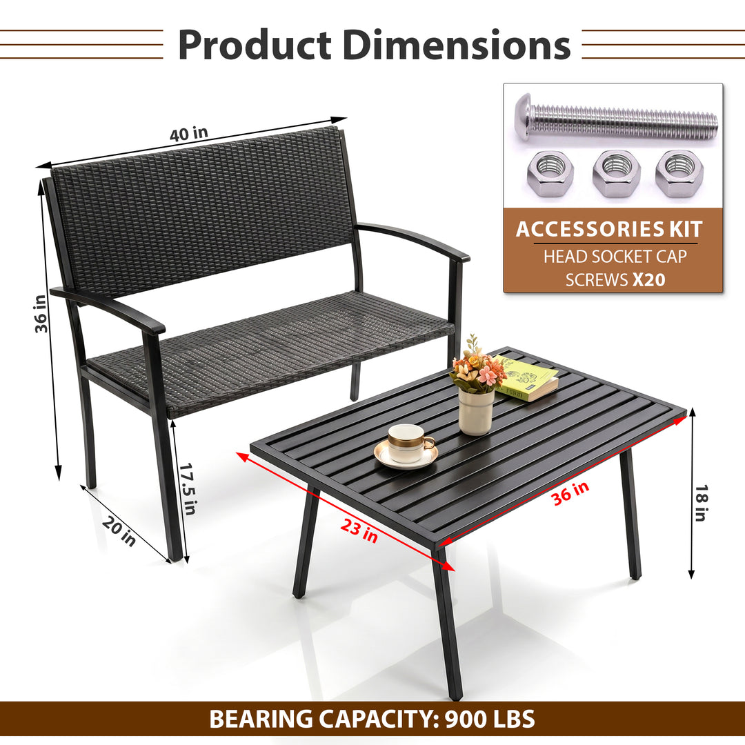Viola Wicker 2 Seater and 1 Table Garden Bench for Outdoor Park - (Black)
