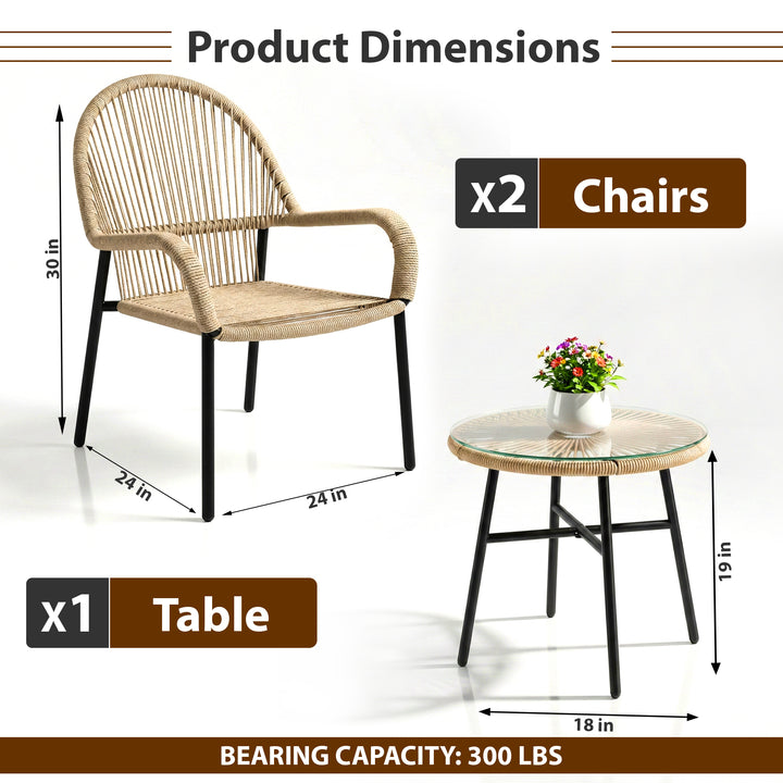 Kivas Outdoor Patio Seating Set 2 Chairs and 1 Table Set (Beige) Braided & Rope