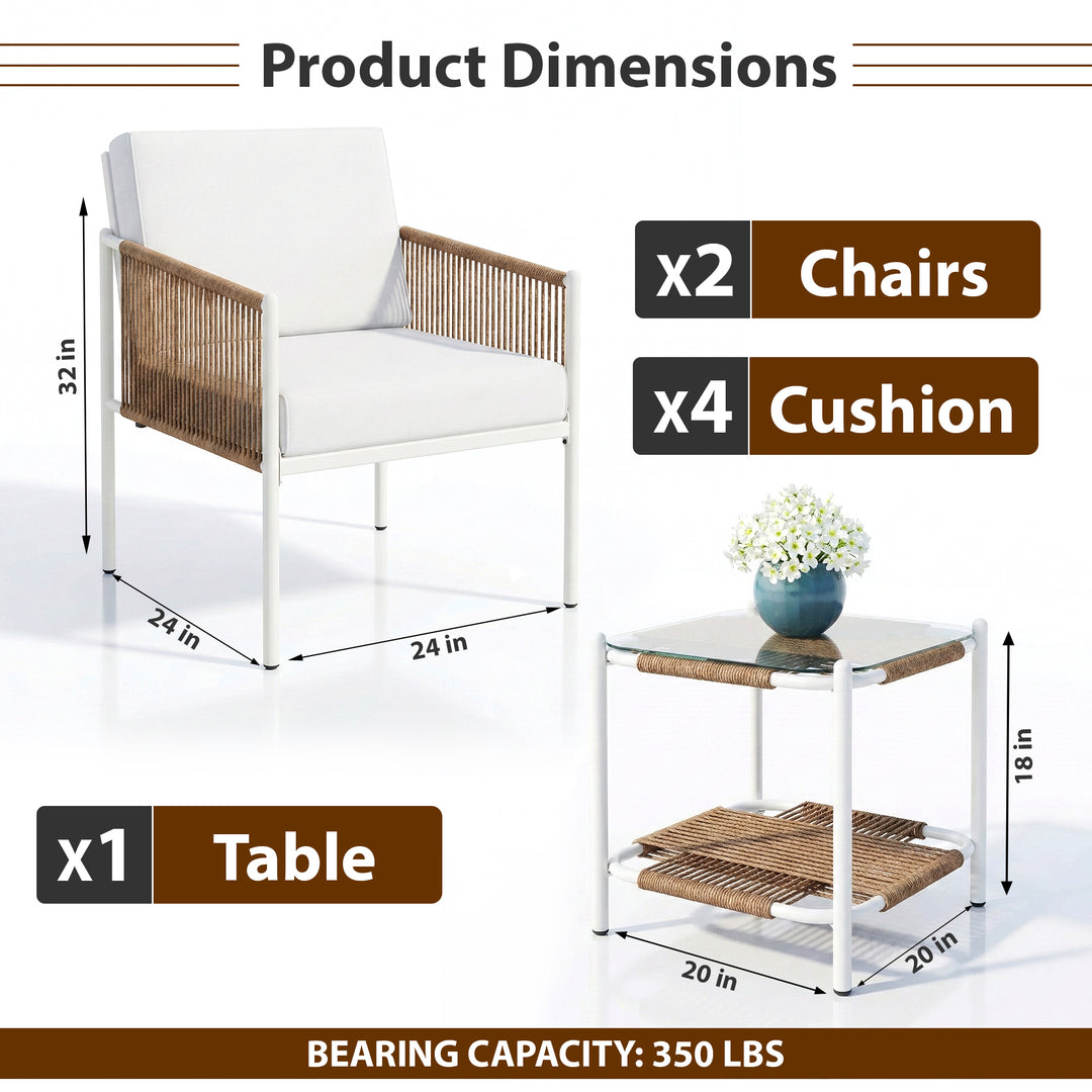 Oreva Outdoor Patio Seating Set 2 Chairs and 1 Table Set (Beige) Braided & Rope