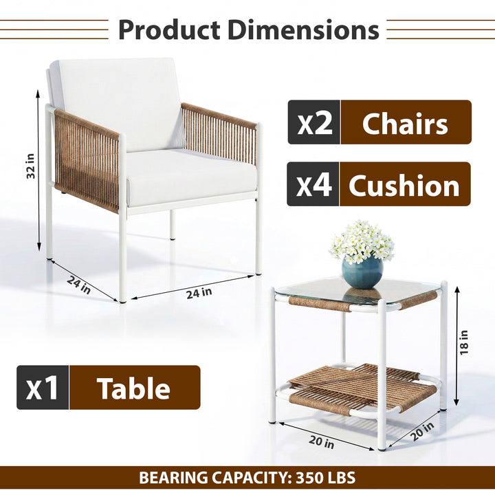 Oreva Outdoor Patio Seating Set 2 Chairs and 1 Table Set (Beige) Braided & Rope
