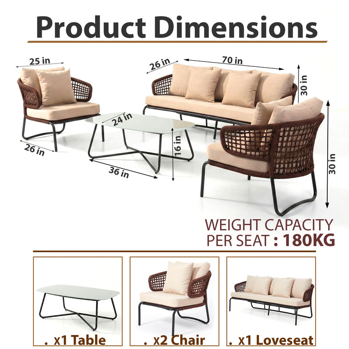 Riba Outdoor Sofa Set 3 Seater , 2 Single seater and 1 Center Table Set (Cream) Braided & Rope