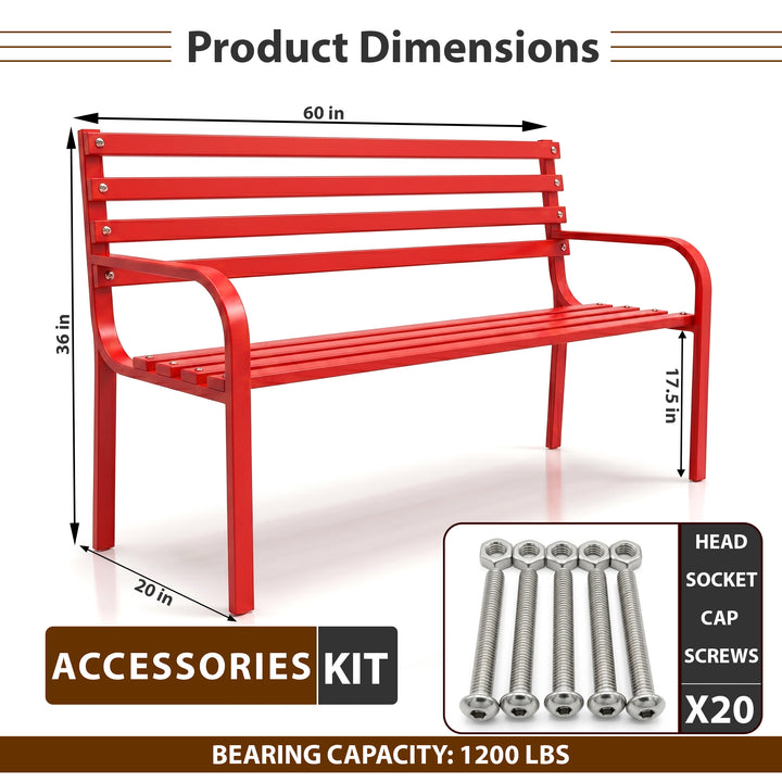 Clever Metal 3 Seater Garden Bench for Outdoor Park - (Red)