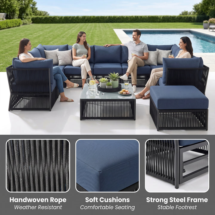 Griselda Outdoor Sofa Set 9 Seater, 1 Ottoman and 1 Center Table Set Braided & Rope
