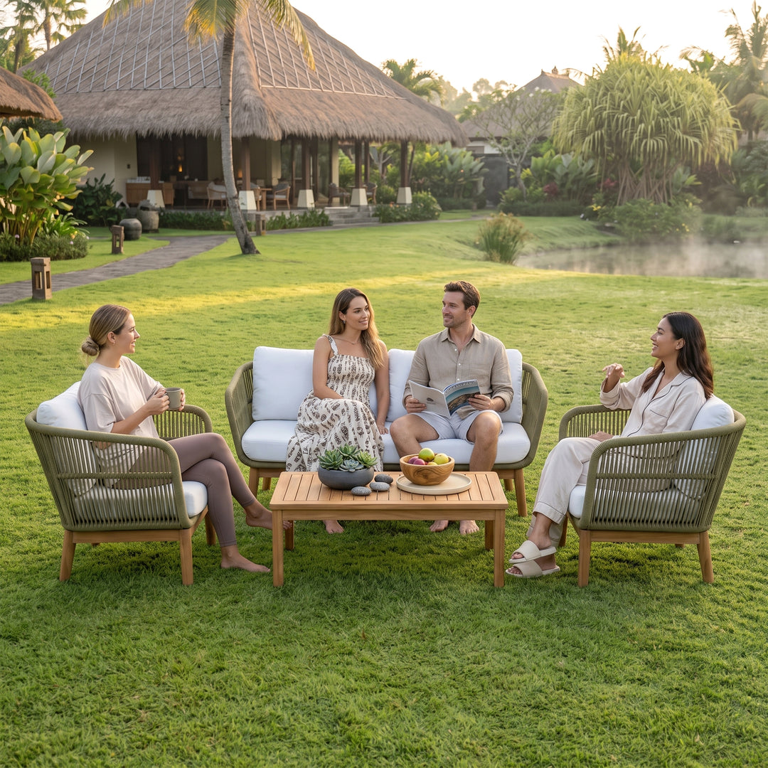 Gala Outdoor Garden Balcony Sofa Set 2 Seater , 2 Single Seater 1 Center Table Set (Cream) Teak Wood and Braided & Rope