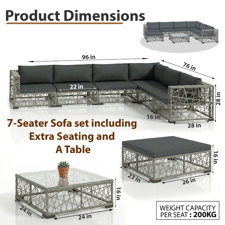 Myca Outdoor Garden Balcony Sofa Set 6 Seater with 1 Ottoman and 1 Center Table Set (Grey)
