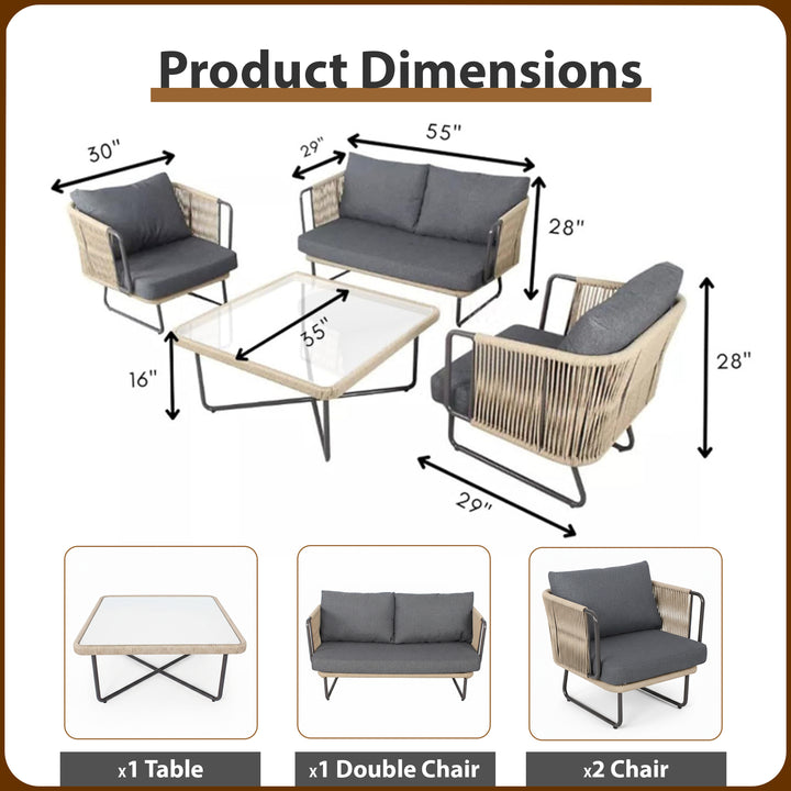 Belle Outdoor Garden Balcony Sofa Set 2 Seater , 2 Single Seater 1 Center Table Set (Beige) Braided and Rope