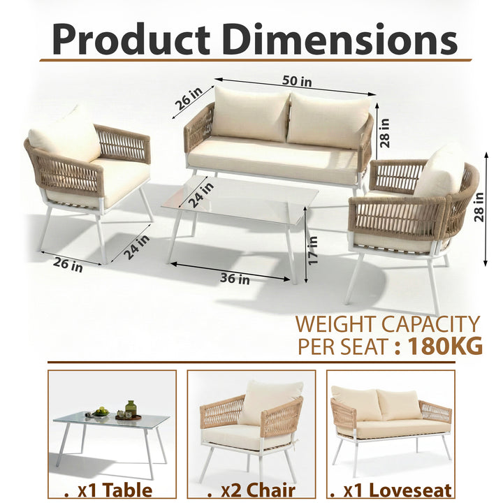 Frias Outdoor Sofa Set 2 Seater, 2 Single seater and 1 Center Table Braided & Rope