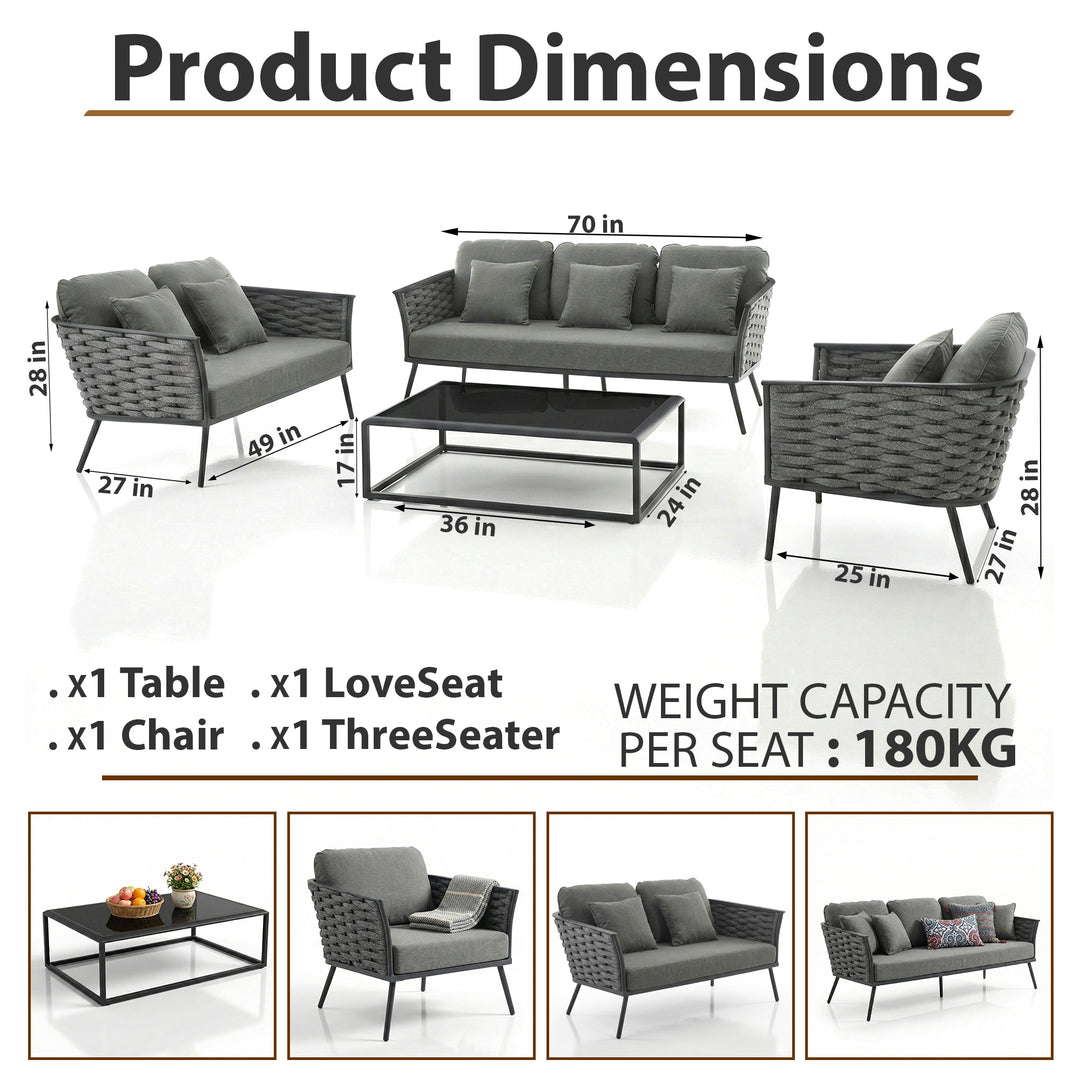Belly Outdoor Garden Balcony Sofa Set 3 Seater,2 seater and Single Seater With 1 Table Set, Braid & Rope (Grey)