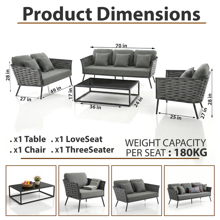Belly Outdoor Garden Balcony Sofa Set 3 Seater,2 seater and Single Seater With 1 Table Set, Braid & Rope (Grey)