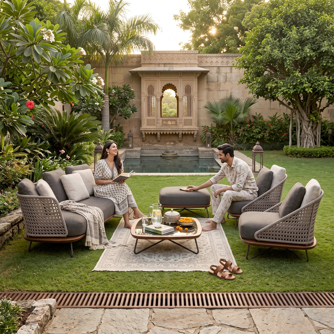 Alano Outdoor Garden Balcony Sofa Set 3 Seater, 2 Single Seater 1 Ottoman and 1 Center Table Set Braid & Rope (Grey)