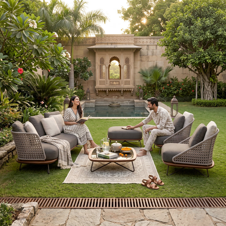 Alano Outdoor Garden Balcony Sofa Set 3 Seater, 2 Single Seater 1 Ottoman and 1 Center Table Set Braid & Rope (Grey)