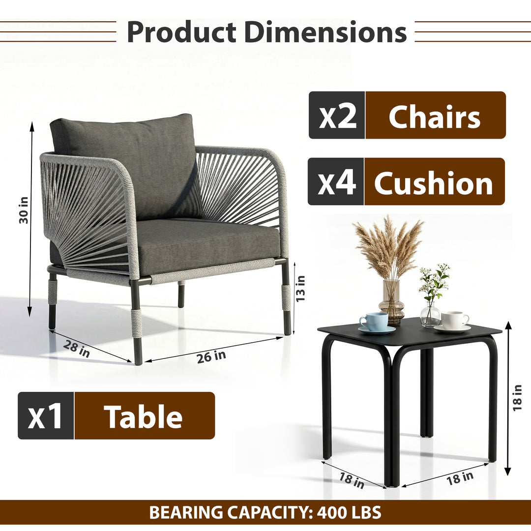 Werner Outdoor Patio Seating Set 2 Chairs and 1 Table Set (GREY) Braided & Rope