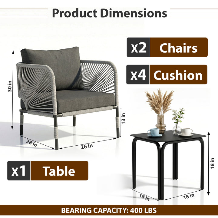 Werner Outdoor Patio Seating Set 2 Chairs and 1 Table Set (GREY) Braided & Rope
