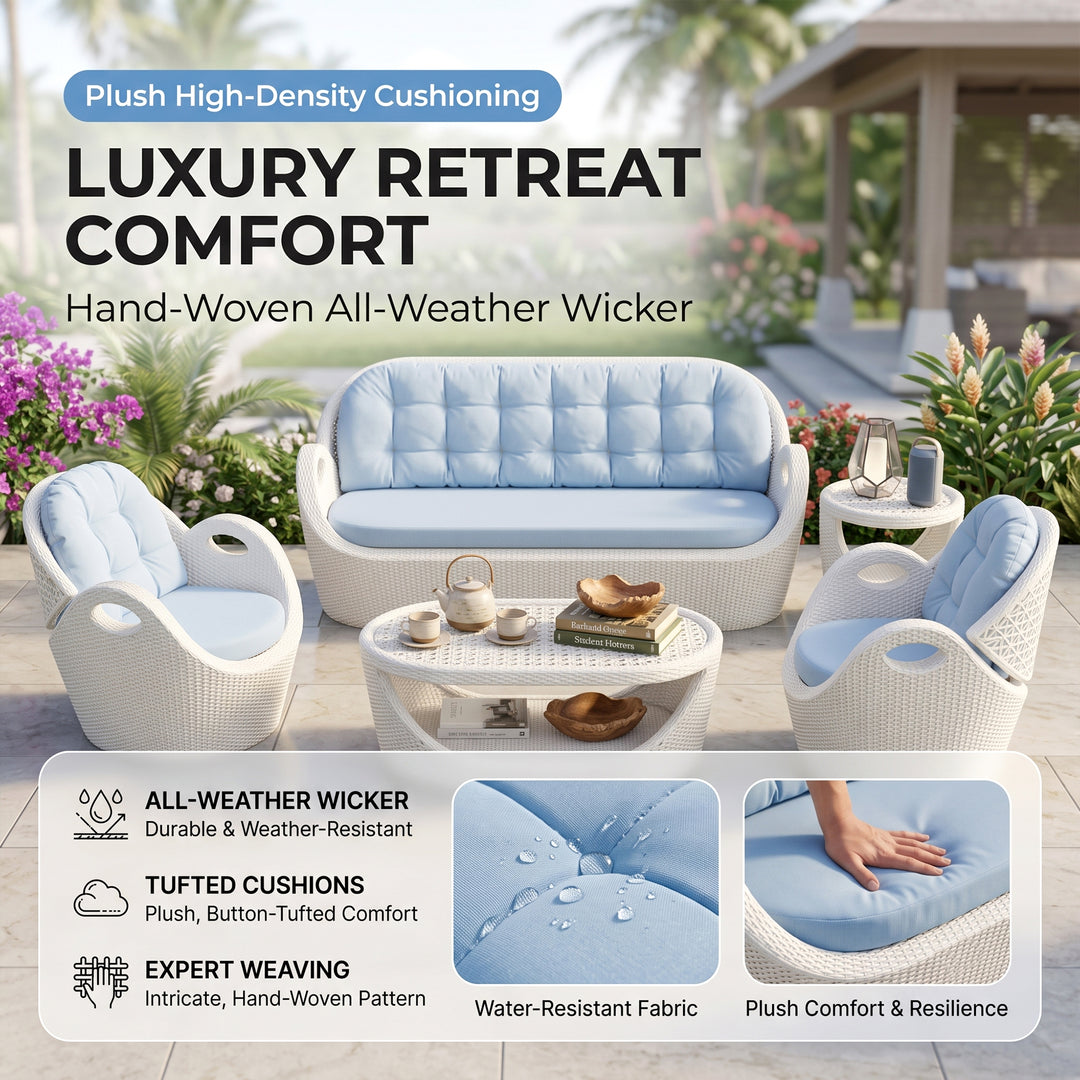 Alush Outdoor Sofa Set 3 Seater , 2 Single seater and 1 Center Table (White)