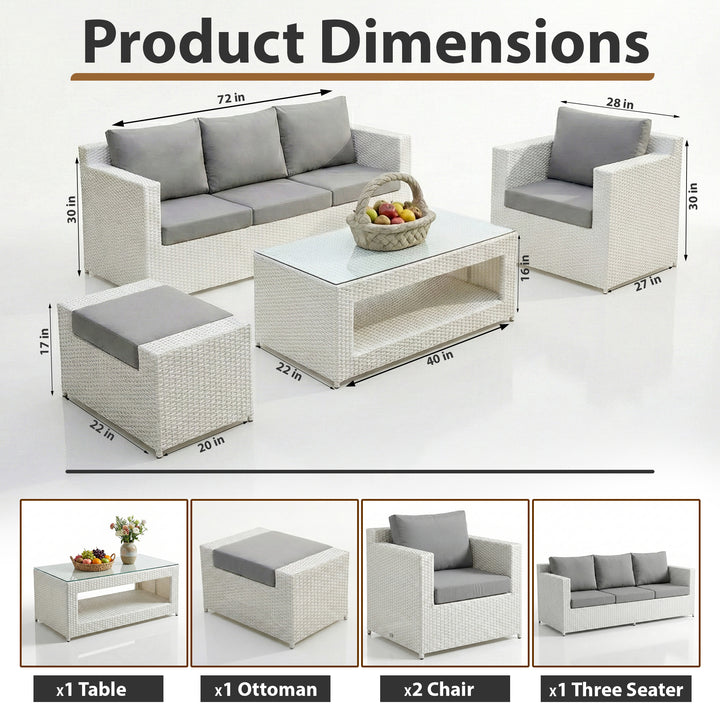 Nicholas Outdoor Sofa Set 3 Seater , 2 Single seater With Ottoman and 1 Center Table Set (White)