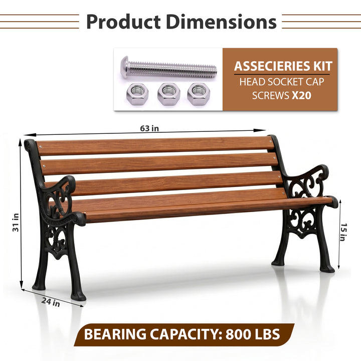 Lynn Cast Iron 3 Seater FRP Garden Bench for Outdoor Park - (Black+ Wooden Texture)