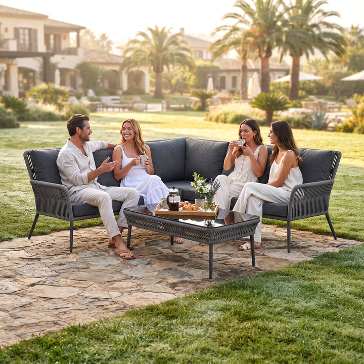 Mitya Outdoor Garden Balcony Sofa Set  5 Seater and 1 Center Table Set, Braid & Rope (Dark + Grey)