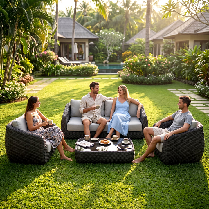 Deskoy Outdoor Garden Balcony Sofa Set 2 Seater, 2 Single seater and 1 Center Table Set, Braid & Rope (Black)