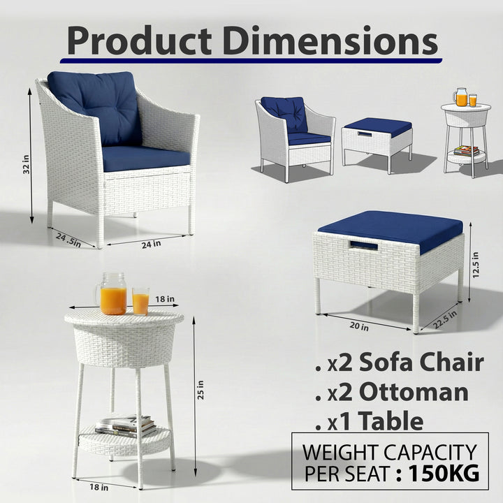 Karli Outdoor Sofa Set  2 Single seater with 2 ottoman and 1 Center Table (White)