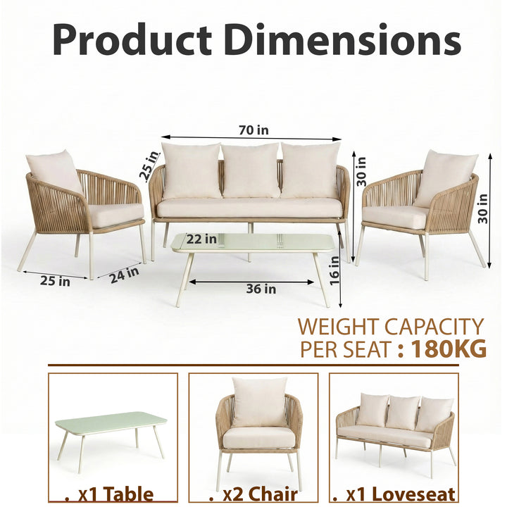 Rumi Outdoor Garden Balcony Sofa Set 3 Seater , 2 Single Seater 1 Center Table Set (White) Braided and Rope